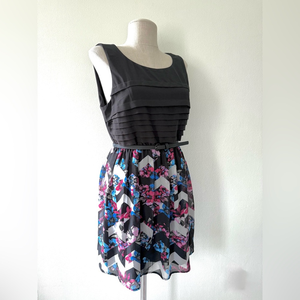 Lily Rose Black and Multicolor Chevron Floral Chiffon Fit and Flare Dress - Picture 6 of 13